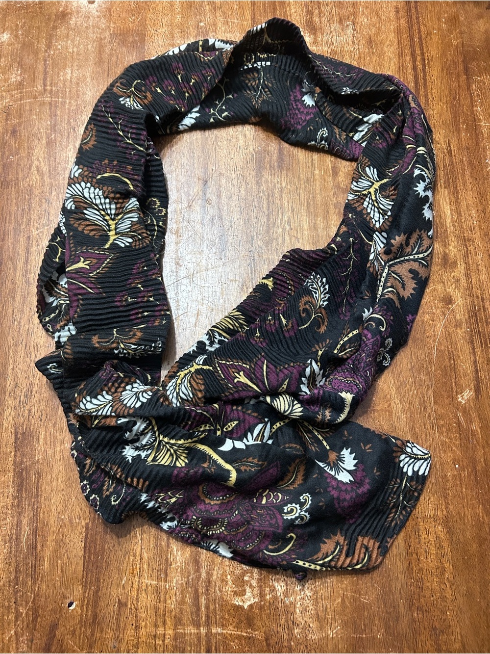 Black Floral Whimsigoth pleated Scarf with Purple and Gold Accents Cozy Fall